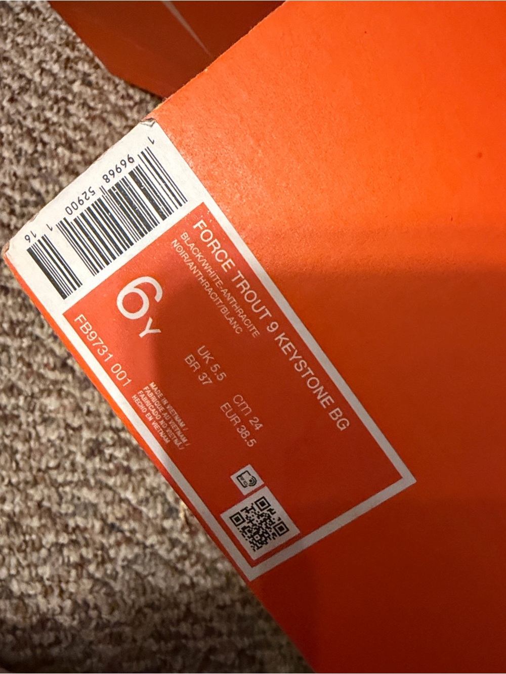 Nike Orange Shoe Box with Label - Force Trout 9 Keystone BG